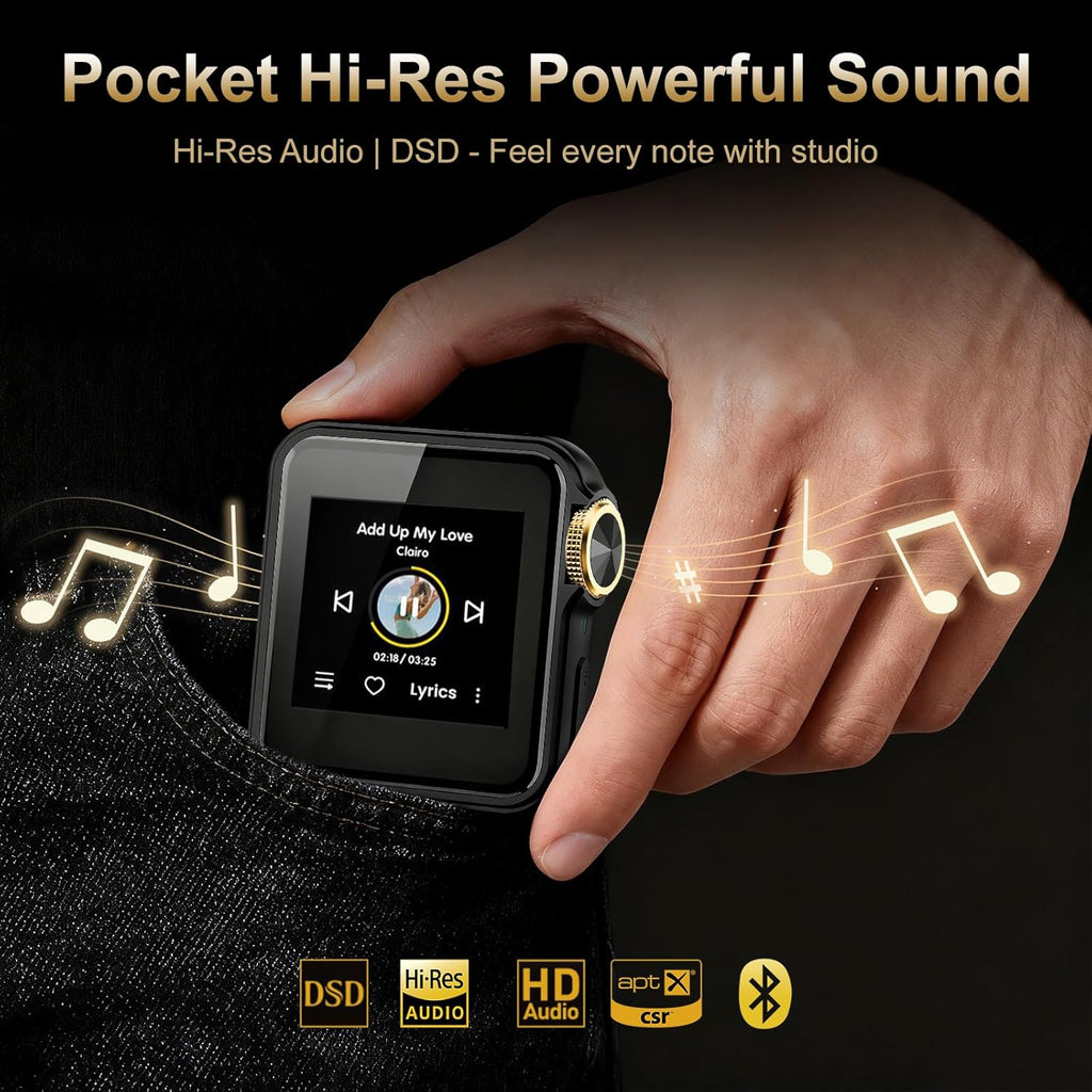 H2 Mini MP3 Player with APTX Bluetooth, Hi-Res Audio, Lossless DSD/FLAC, Touch Screen & Wearable Clip, Portable Music Player for Running, Workout & Travel, 64GB Memory, Supports up to 512GB