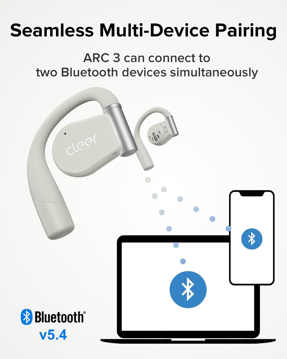 Cleer ARC 3 Open Ear Headphones - Dolby Audio, Snapdragon Sound True Wireless Earbuds, 50Hr Battery, Bluetooth 5.4, IPX 7, Multi-Point, Smart Controls, Light Grey