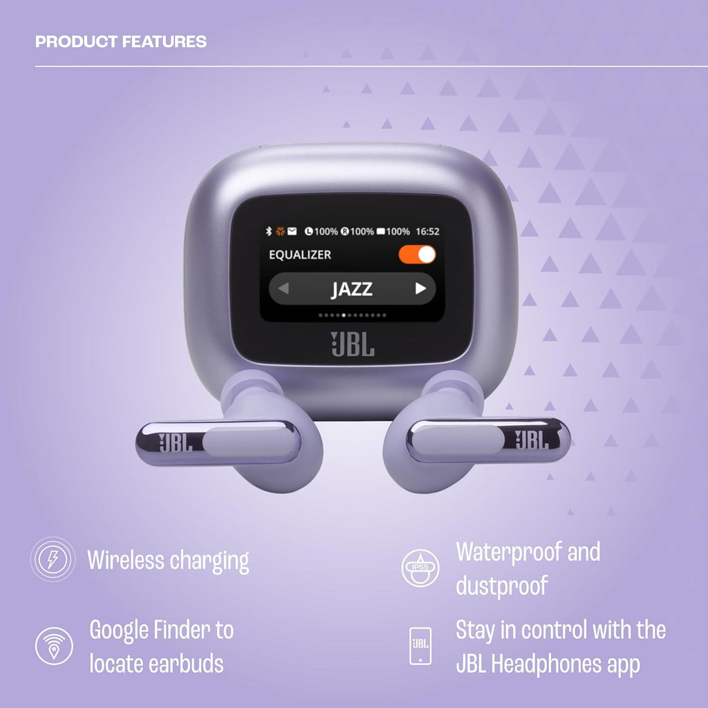 JBL Live Beam 3 - True wireless noise-cancelling stick-closed earbuds, 48Hrs total playback, Wireless Charging, 6 Mics for perfect calls, Multi-point connection, IP55 waterproof and dustproof (Purple)