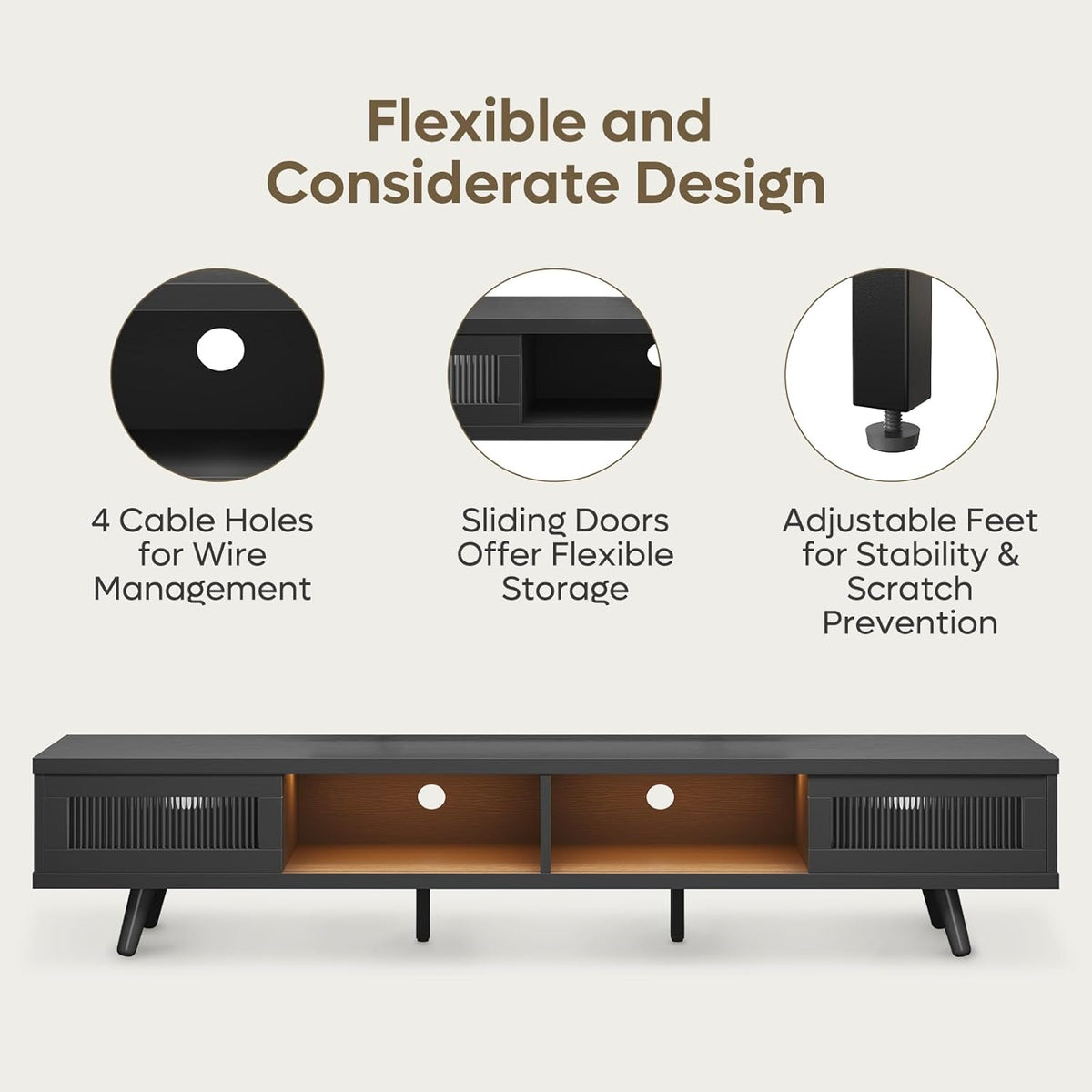 Bestier Mid Century Modern TV Stand for 75 inch TV, LED Entertainment Center with Storage and Sliding Doors, Low Profile TV Consoles for Living Room, Embossed Black