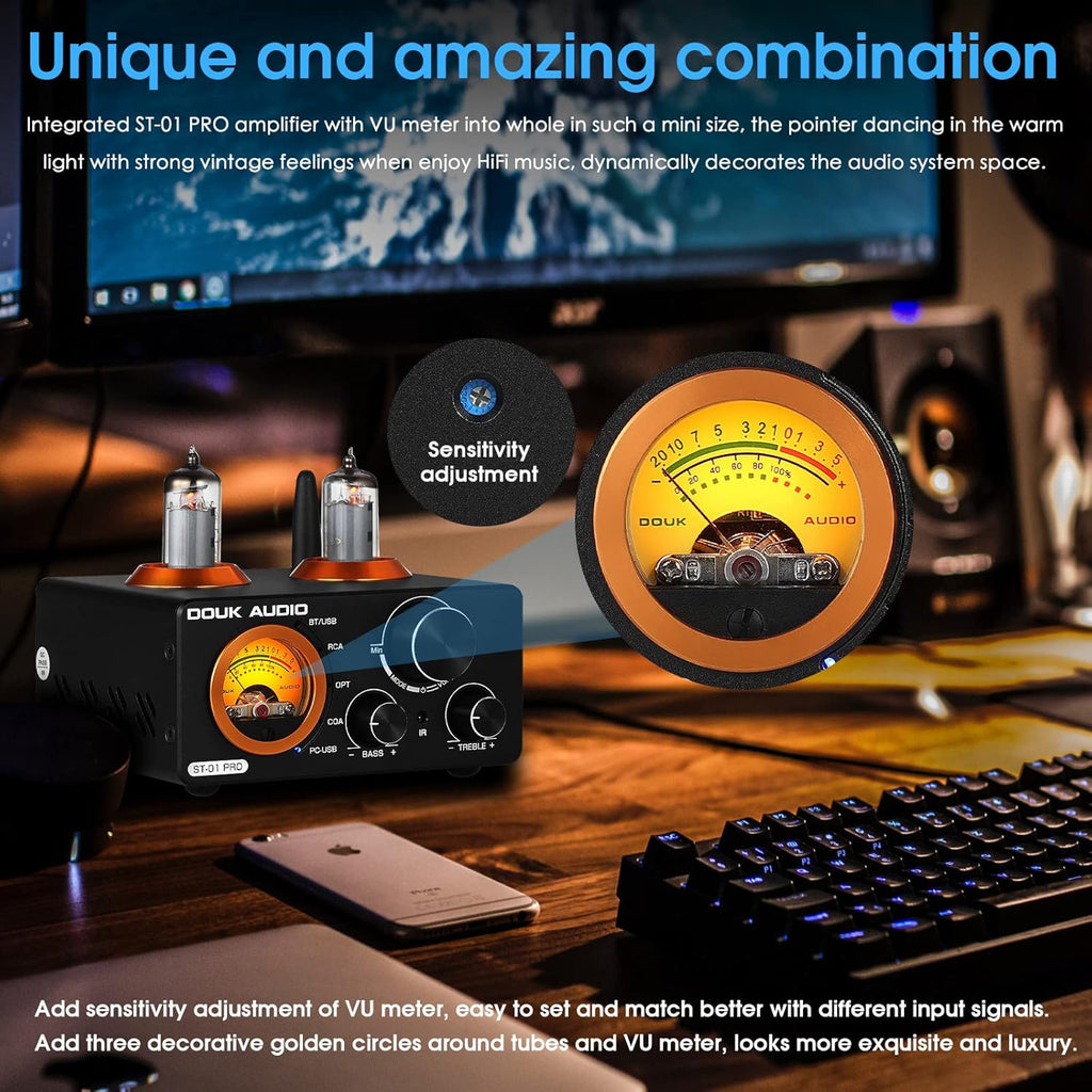 Douk Audio ST-01 PRO 200W Bluetooth Amplifier, 2 Channel Vacuum Tube Power Amp with USB DAC/Coaxial Optical Inputs/VU Meter/Treble Bass Control for Home Theater/Stereo Speakers (Upgrade Version)