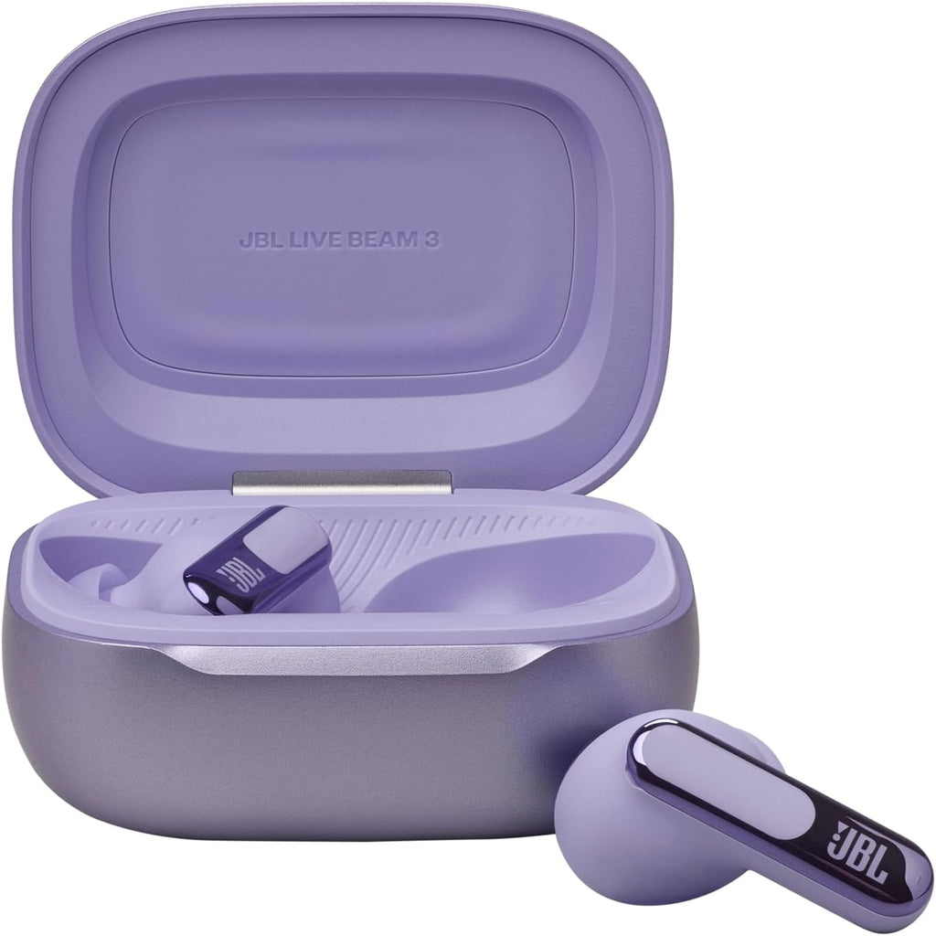 JBL Live Beam 3 - True wireless noise-cancelling stick-closed earbuds, 48Hrs total playback, Wireless Charging, 6 Mics for perfect calls, Multi-point connection, IP55 waterproof and dustproof (Purple)