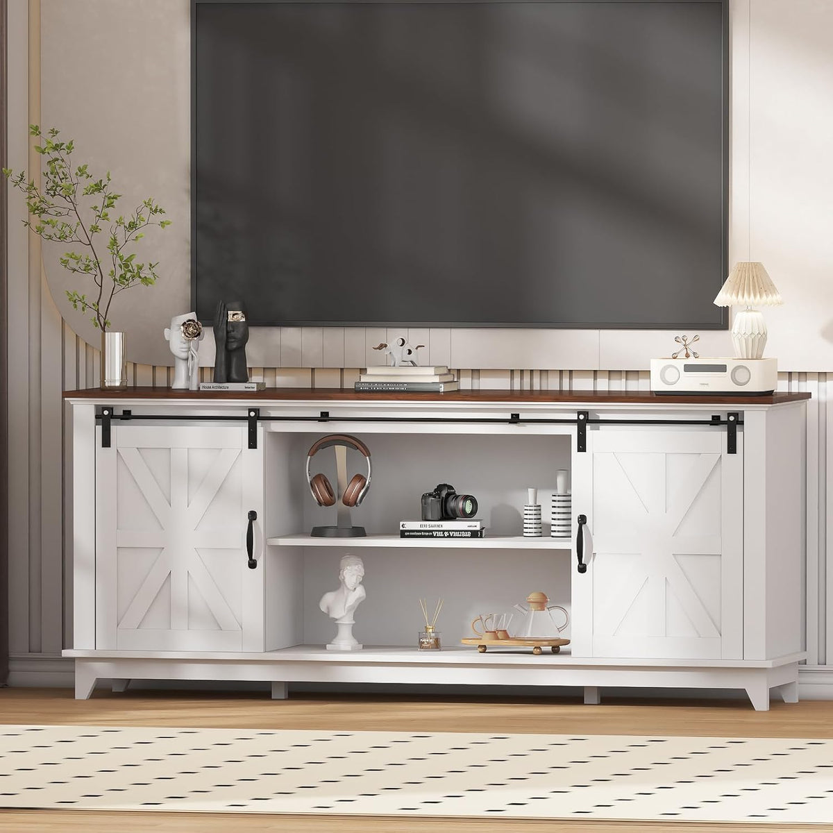 Classic Farmhouse TV Stand Cabinet for 75" Television, Home Entertainment Center with Adjustable Shelf & Sliding Barn Doors, Media TV Console Table for Living Room, 15.8D x66W x28H, Farmhouse White
