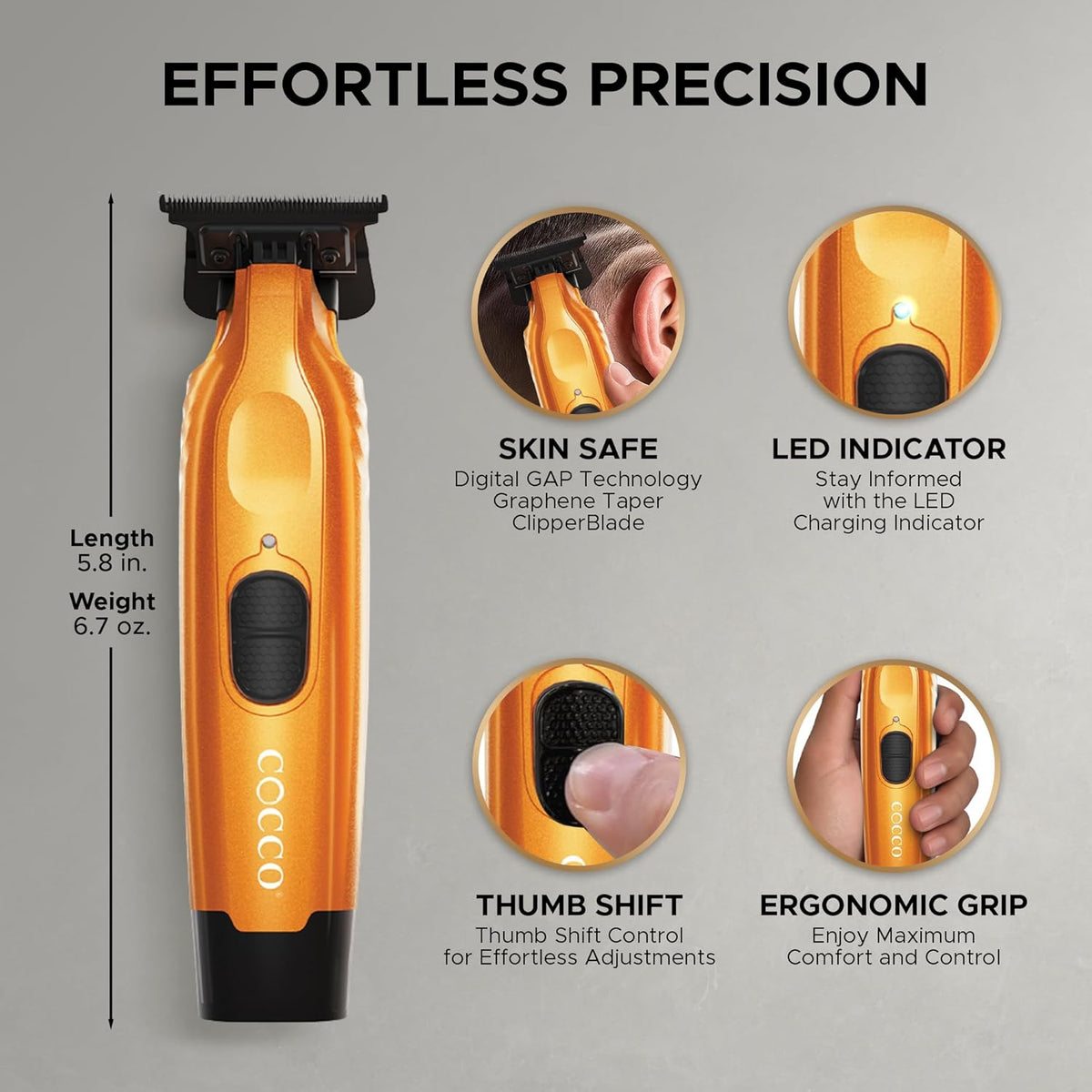Cocco Hyper Veloce Pro Trimmer, Digital Gap Graphene Blade Edger, High-Torque Brushless BLDC Motor, Cordless, All-Metal Design, Lithium-Ion Battery, Charging Base Included