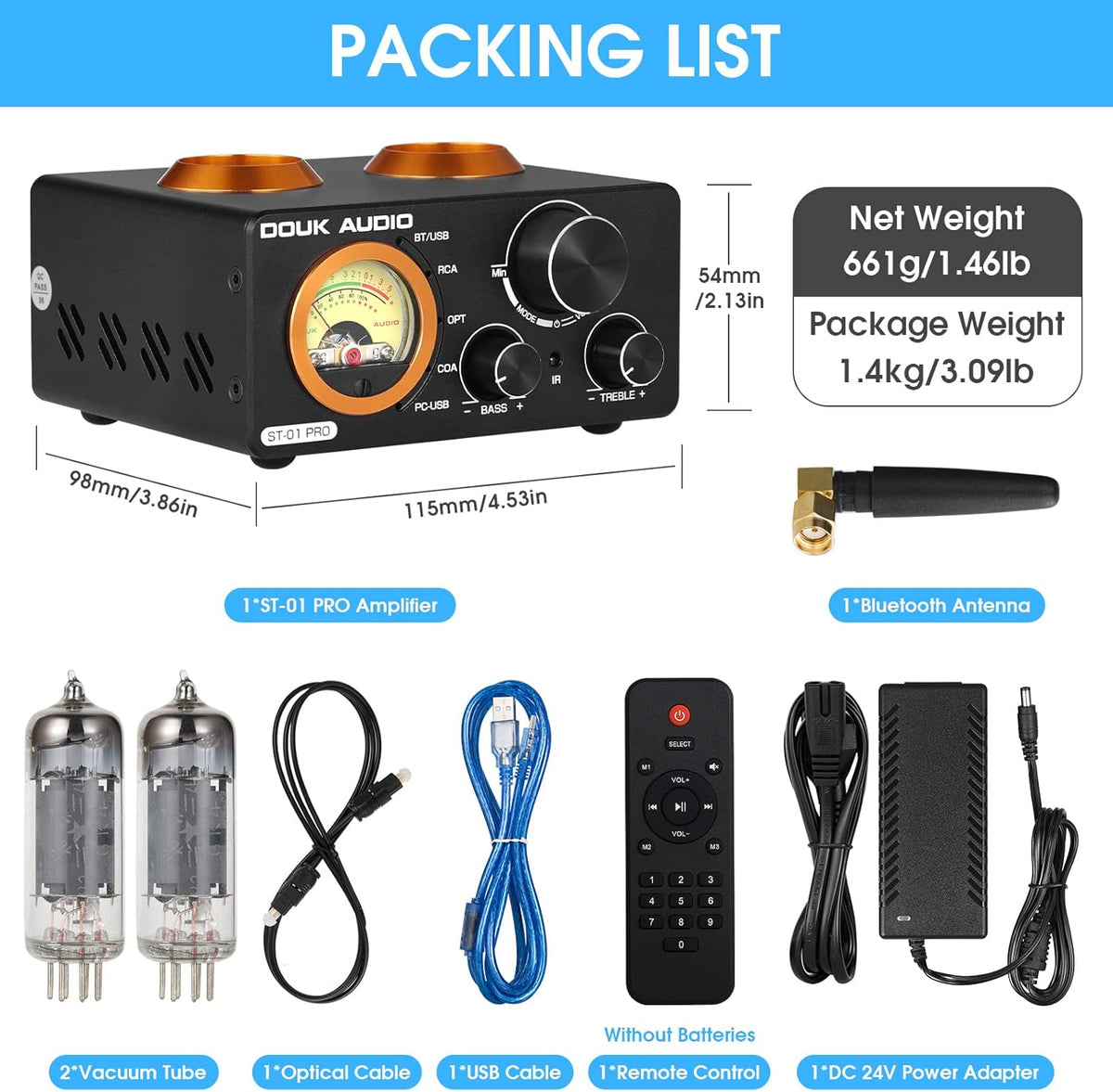 Douk Audio ST-01 PRO 200W Bluetooth Amplifier, 2 Channel Vacuum Tube Power Amp with USB DAC/Coaxial Optical Inputs/VU Meter/Treble Bass Control for Home Theater/Stereo Speakers (Upgrade Version)