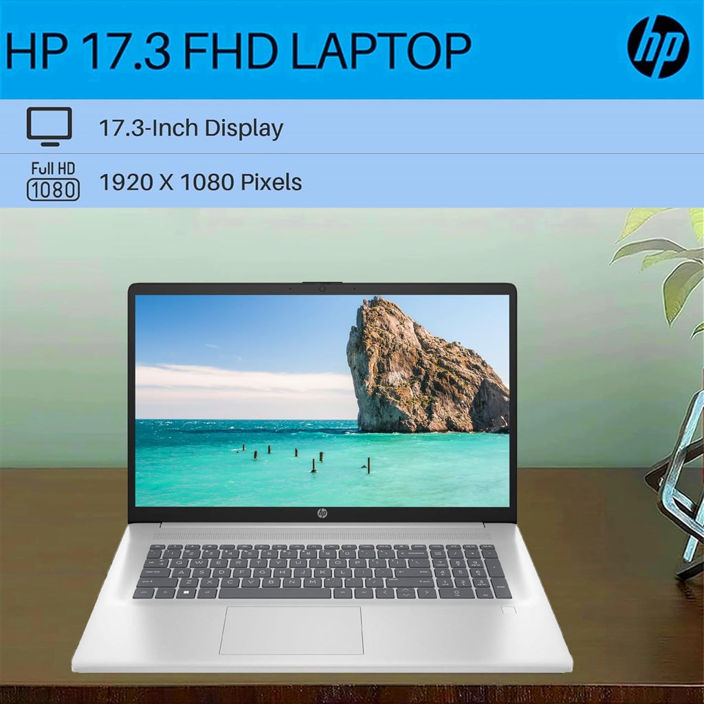 HP Essential Laptop, 17.3” FHD Screen, Intel Core i3-N305, 8GB RAM, 256GB SSD, Webcam, HDMI, Fingerprint Reader, Wi-Fi 6, Bluetooth, Windows 11 Home, Sliver