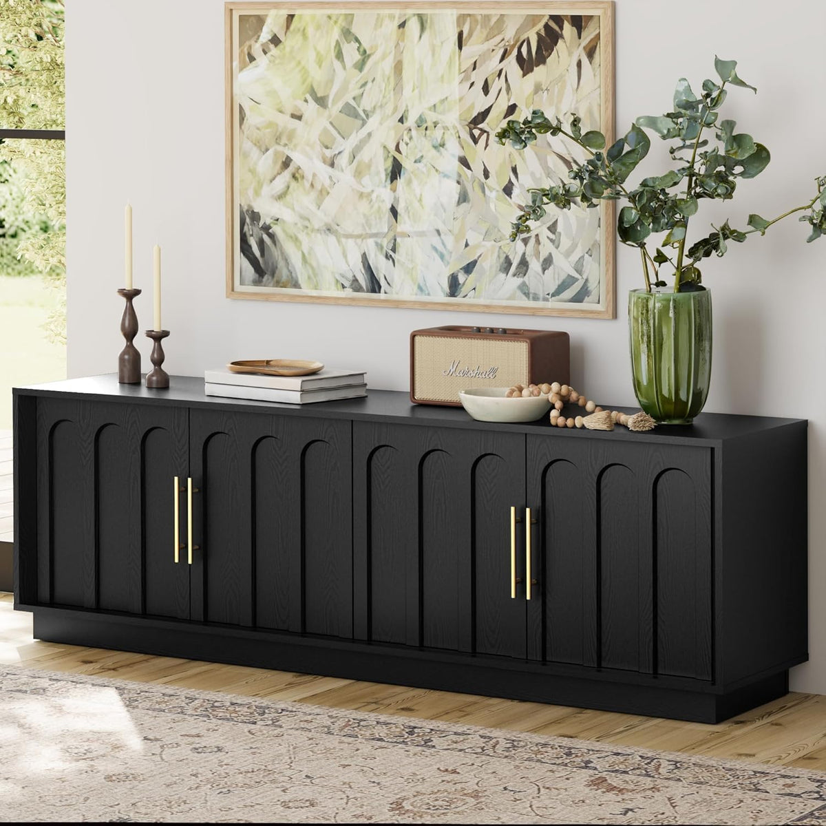 FORTUNETEC TV Stand for 75 Inch TV, 67" Entertainment Center with Arched Design, Minimalist Media Console with Adjustable Shelves, Modern TV Stand for Living Room Bedroom, Black
