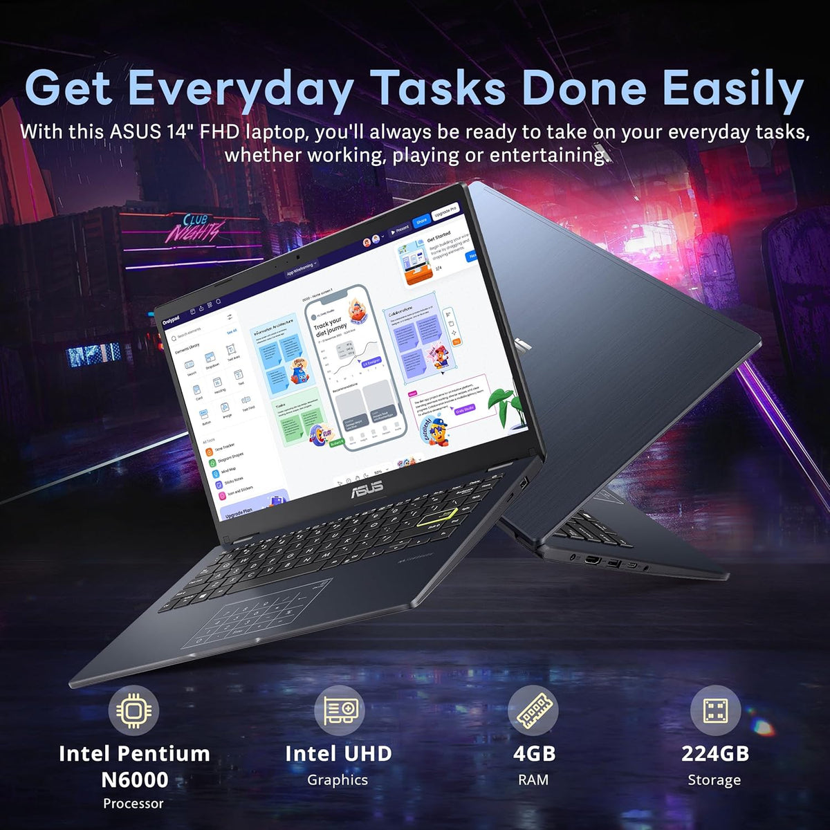 ASUS 14" FHD Laptop, Intel Pentium N6000 Processor, 4GB RAM, 224GB Storage(64GB eMMC+160GB Docking Station Set), Intel UHD Graphics, Webcam, Bluetooth, Win 11, Star Black