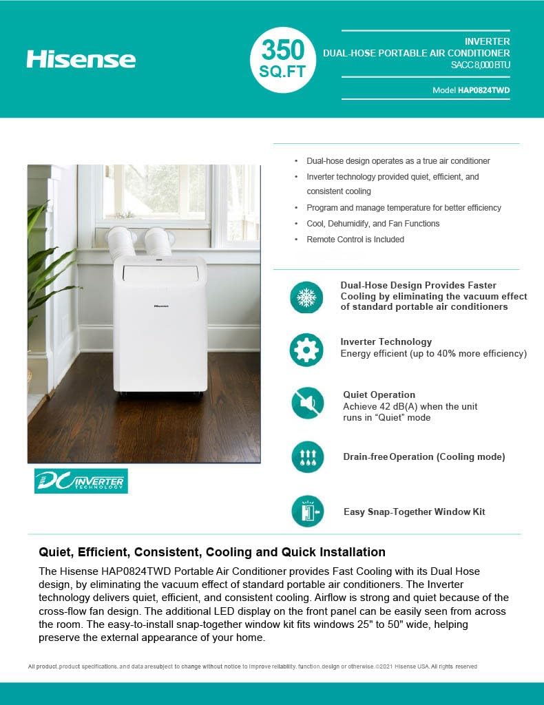 Hisense 8,000 BTU Portable Air Conditioner with Dual Hose & Inverter, 350 Sq Ft, Wi-Fi, ConnectLife App for Google and Alexa, 3 operating modes, Noise 42 dB(A) - HAP0824TWD, White