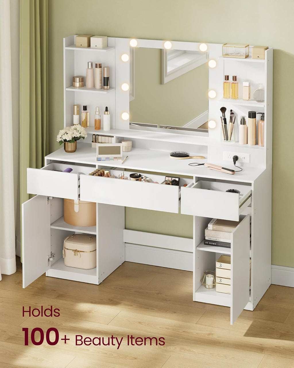 VASAGLE Kailyn Collection - Vanity Desk with Mirror and 9 LED Bulbs, Vanity Makeup Table with Power Outlets, Dressing Table with 2 Cabinets, for Bedroom, Cloud White URDT142WB01S