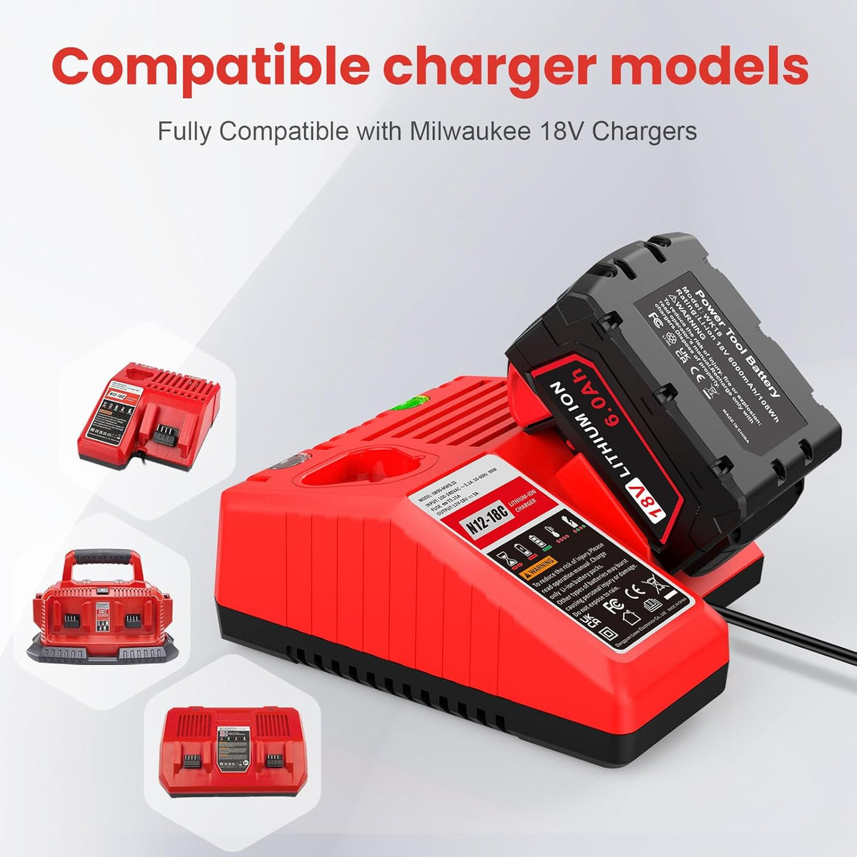 4Pcs 18V 6Ah Battery and N18-N14 18V Dual Port Charger Set Compatible for Milwaukee WK18 Tools 48-11-1850 48-11-1860 48-11-1820 48-11-1840 48-11-1830 48-11-1870 48-11-1880 Fast Charging