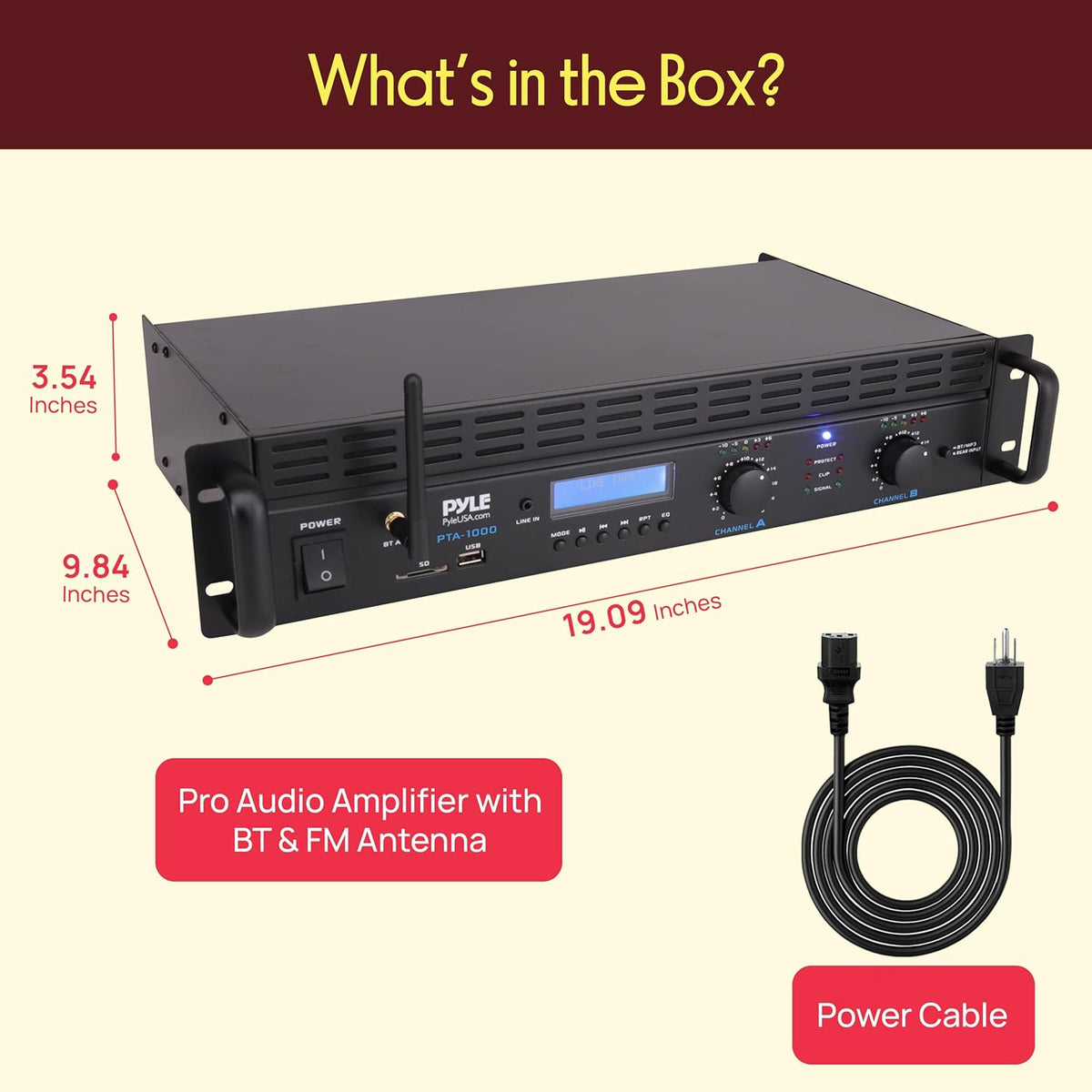Pyle 2-Channel Rack Mount Power Amplifier with Bluetooth - 2000W Bridgeable with TRS XLR Input, Speakon Outputs, USB-A Input with MP3 Player, Bridge Mode, Cooling Fan, LED Level Meters - PTA1000BT