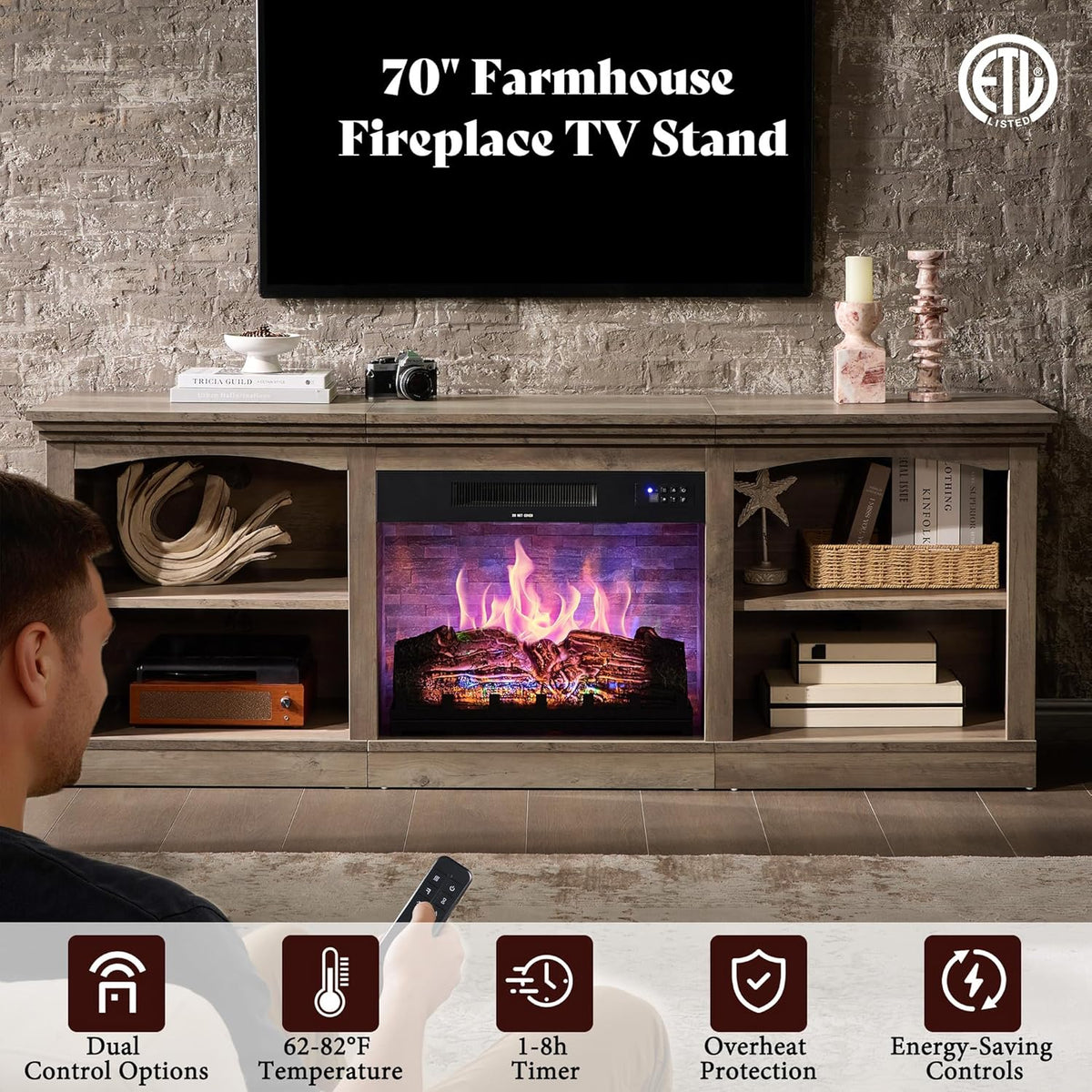 AMERLIFE 70 Inch Fireplace TV Stand for TVs up to 80", Farmhouse Entertainment Center with 23" Electric Fireplace One-Box Delivery, Media Console Table with Storage for Living Room, Rustic Grey