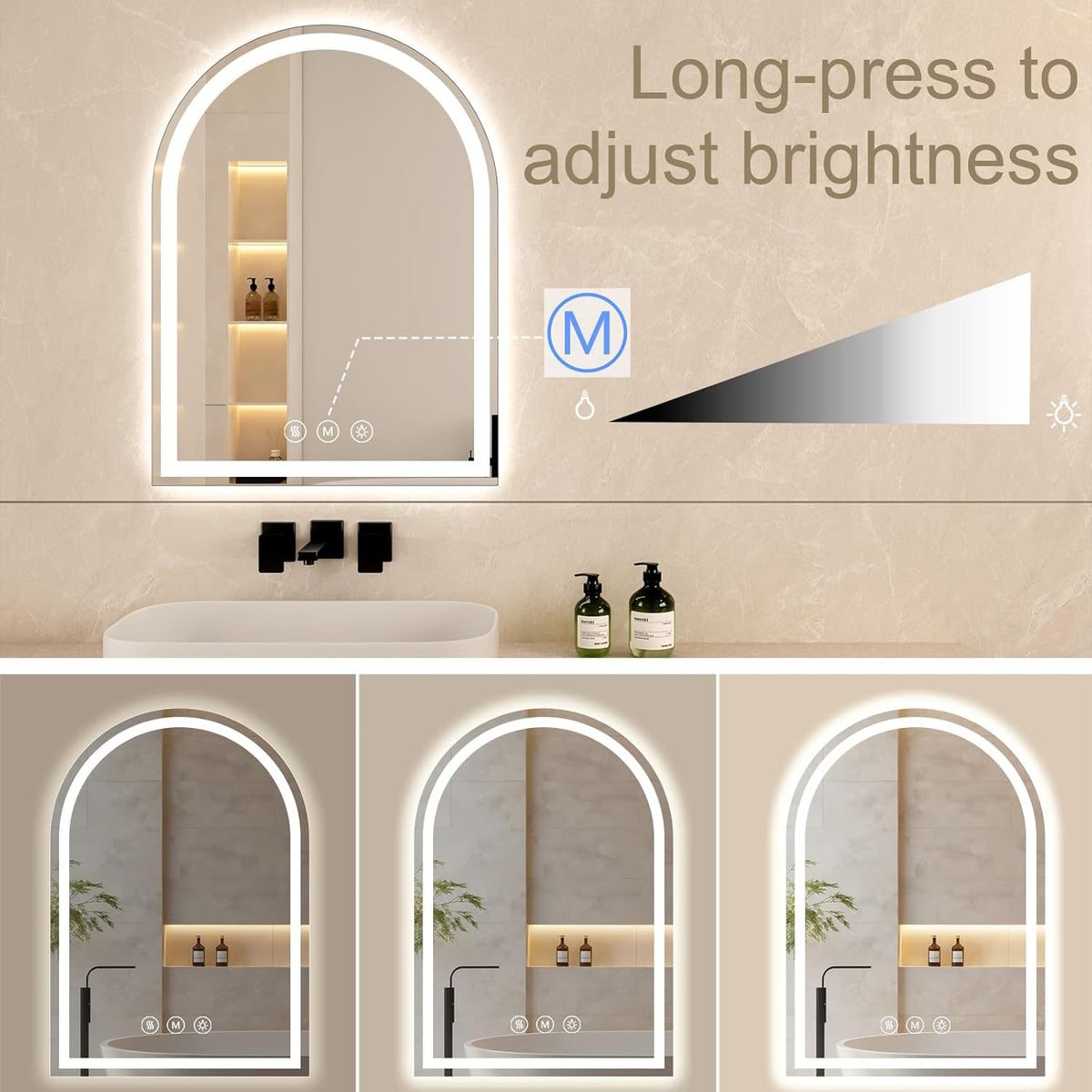 Arched LED Bathroom Mirrors with Lights 30"x40" LED Mirror for Bathroom,Led Vanity Mirror, Anti-Fog,LED Mirrors with Light, Anti-Fog, Dimmable, 3 Color, Shatterproof, Touch Sensor