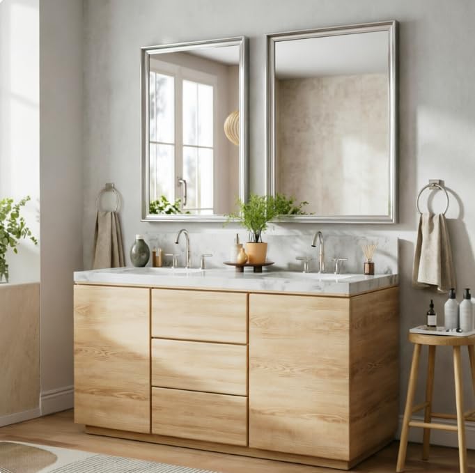 USHOWER 2 Pack Brushed Nickel Bathroom Mirrors for Over Sink 24x36 Inch, Metal Framed Rectangle Vanity Mirror for Wall, Bedroom, Living Room, Entryway, Anti-Rust, HD Tempered Glass,Horizontal/Vertical