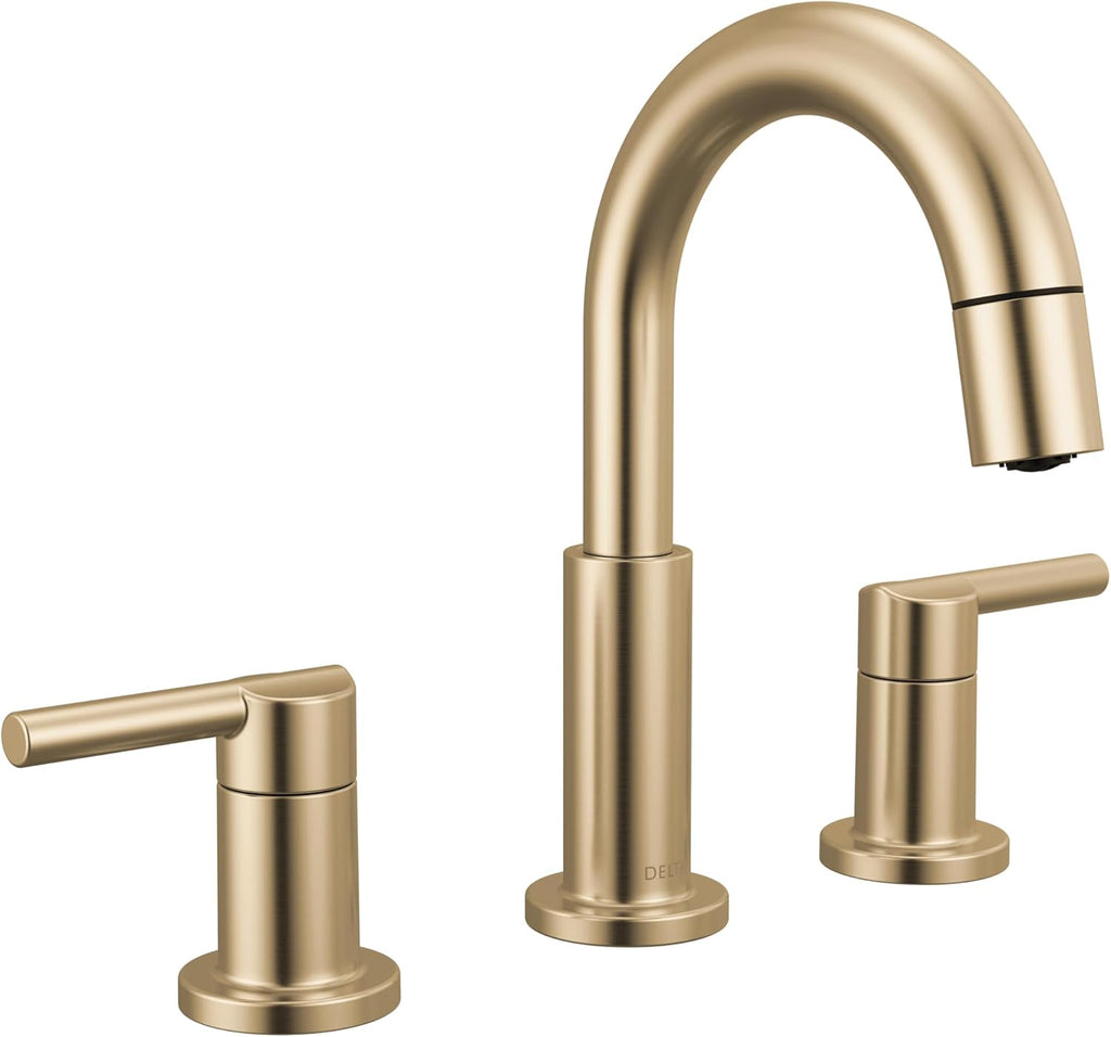 Delta Nicoli Brushed Gold Bathroom Faucet with Sprayer, 8 Inch 3 Hole Widespread Bathroom Sink Faucet with Pull Out Sprayer, Push-Pop Drain, Champagne Bronze 35749LF-CZPD