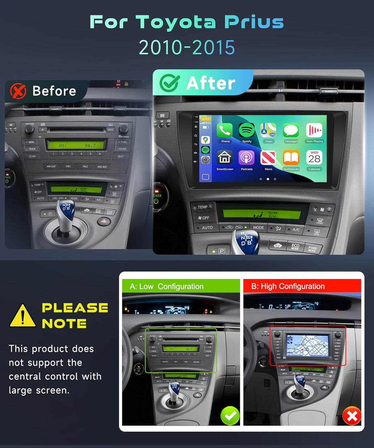 for Toyota Prius 2010-2015 Car Stereo Radio with Snapdragon 8 Core 4GB+64GB 9 Inch IPS Touchscreen Wireless Carplay/Android Auto DSP Hi-Res 5/6GhzWiFi GPS Android 13 FM/RDS SWC Camera