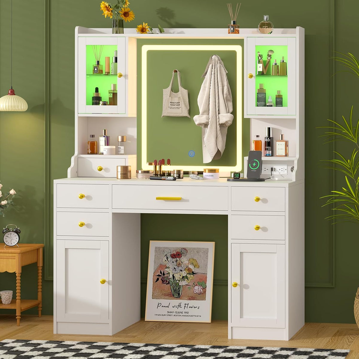 White Makeup Vanity Desk with Mirror and Lights, Large Vanity Table Set with Charging Station, Dressing Table with RGB Cabinets, Makeup Vanity Mirror with Light Desk and Drawers, 3 LED Light Modes