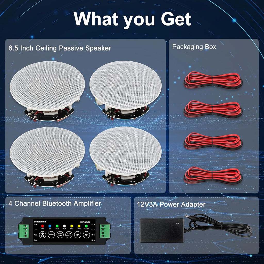 STUDIOFINIX 6.5 Inch Bluetooth Ceiling Speakers,600W Wired Recessed Speaker System, Ideal for Home Theater, Living Room,Office,Kichten,Study Room,Basement,Covered Patio and Flush Mount (4 Speakers)