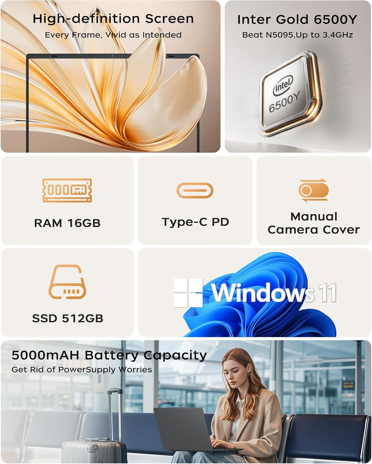 BLUEING 15.6" Laptop Computer, Laptop with 16GB RAM 512B SSD, Gold 6500Y (Up to 3.4GHz), 1080P FHD IPS Display, Type-C, HDMI, USB3.2, WIFI, Bluetooth, Long Battery Life, Laptops for Business & Student