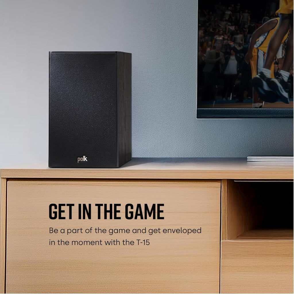 Polk Audio T15 Home Theater and Stereo Bookshelf Speakers – Deep Bass Response, Dolby and DTS Surround, Wall-Mountable, Pair, Black