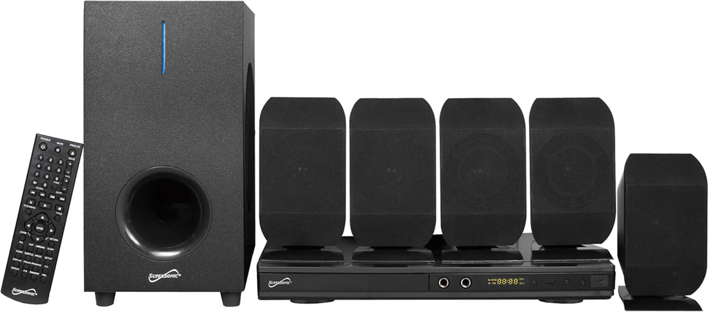 Supersonic SC-38HT 5.1 Surround Channel DVD Home Theater System with DVD/CD Support, Karaoke Mic Jacks, USB Input, FM Radio, 75W Speaker Output, Multi-Language Support, and Remote Control!
