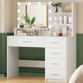 Quimoo Vanity Desk with Mirror & Lights, Makeup Vanity with 5 Drawers & Storage Shelves, White Vanity Table, 3 Color Modes & Adjustable Brightness, Dressing Table, Bedroom