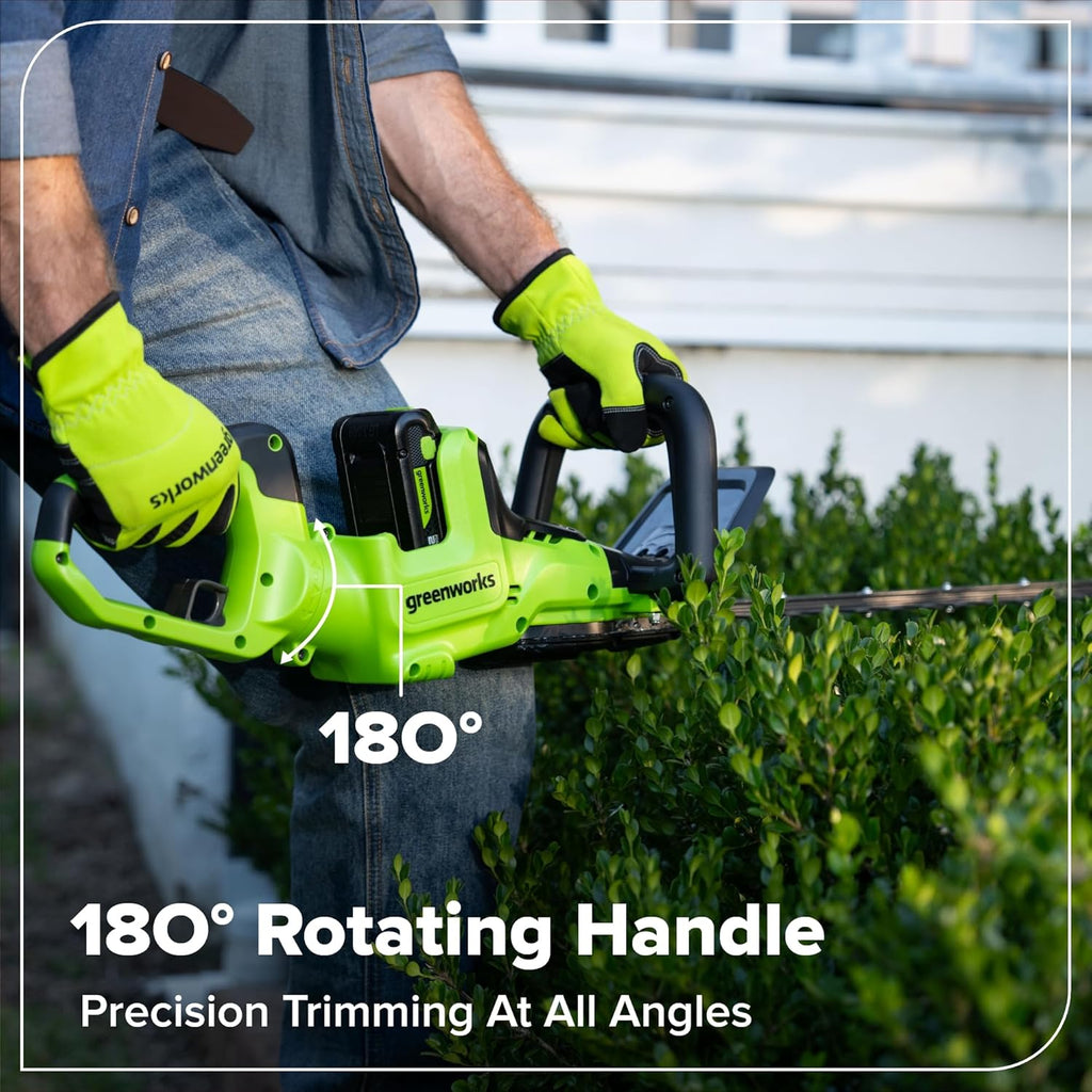 Greenworks 24V 24" (1.1" Cutting Capacity/Rotating Handle) Brushless Hedge Trimmer Cordless, 2.0Ah Battery and Charger Included