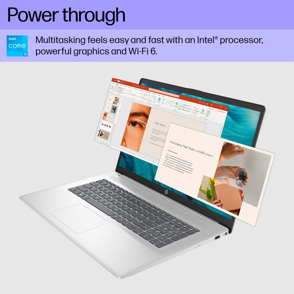 HP Essential Laptop, 17.3” FHD Screen, Intel Core i3-N305, 8GB RAM, 256GB SSD, Webcam, HDMI, Fingerprint Reader, Wi-Fi 6, Bluetooth, Windows 11 Home, Sliver