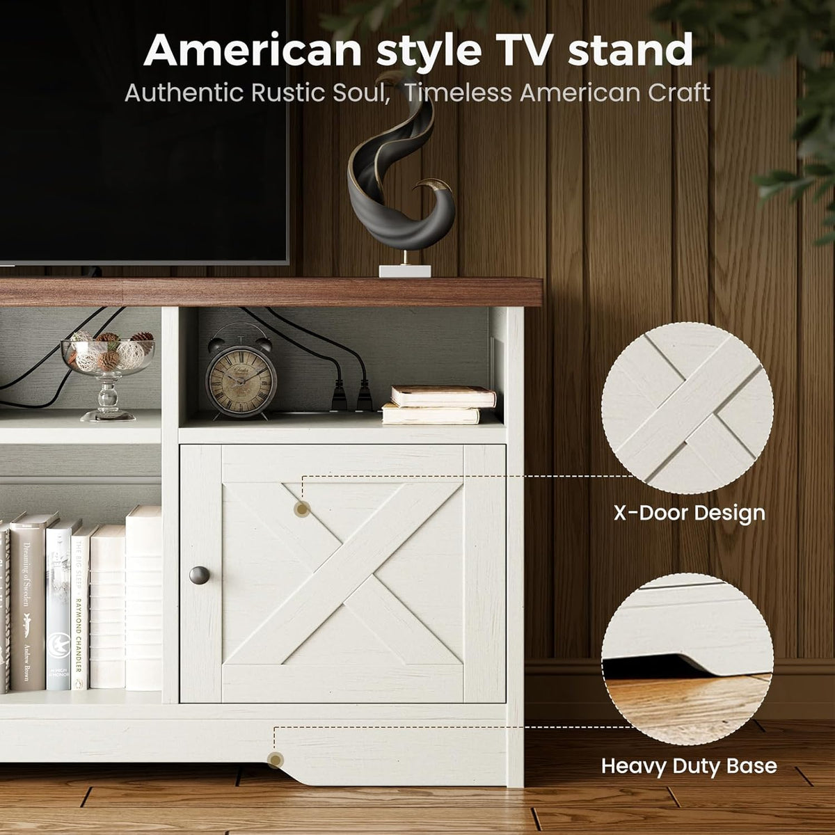 Casaottima TV Stand for 65 Inch TV, Farmhouse Entertainment Center with Power Outlet & LED Light and Storage Cabinets, Console Table and Media Furniture for Living Room Bedroom, White