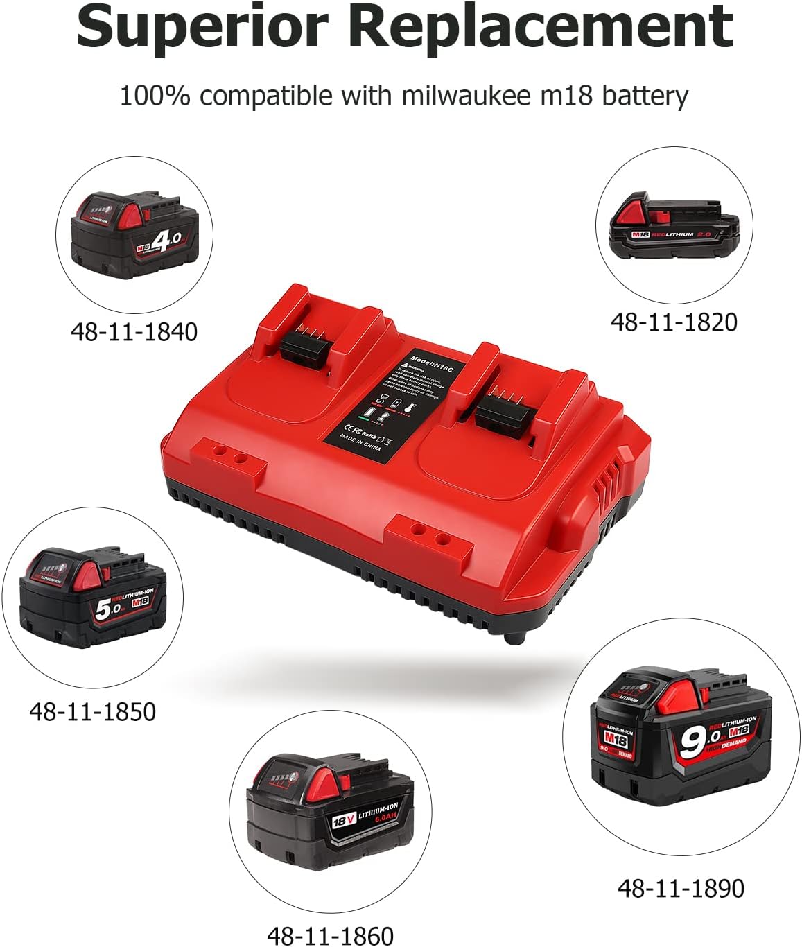 KOOMICY 4Pack 18V 6.0Ah Batteries Replacement for Milwaukee M-18 Battery and 1 Charger Set