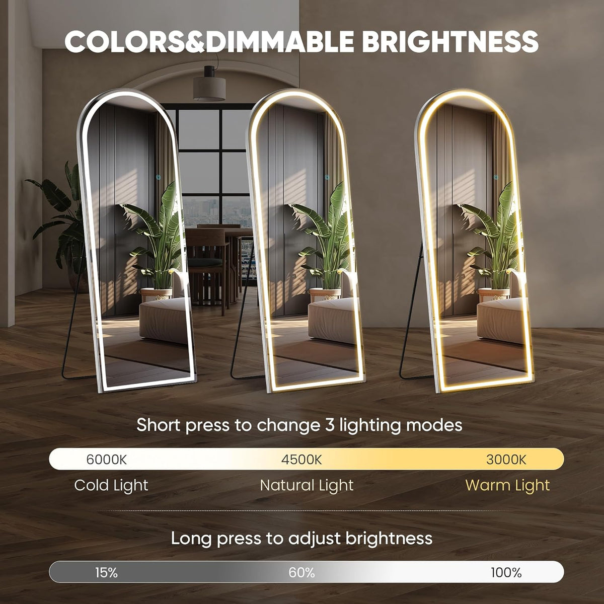 DUMOS Arched Full Length Mirror with Light- 26"×70" LED Floor Standing Mirror with 3 Color Lights & Wall Mounted for Bedroom, Dressing Room, Living Room, Bathroom