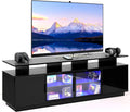 70 Inch Black TV Stand for Living Room, LED Entertainment Center for Gaming, Modern TV Cabinet Console, Transparent Glass Door Storage Cabinet