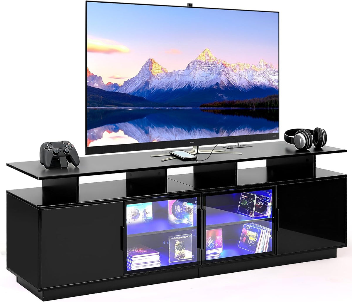70 Inch Black TV Stand for Living Room, LED Entertainment Center for Gaming, Modern TV Cabinet Console, Transparent Glass Door Storage Cabinet