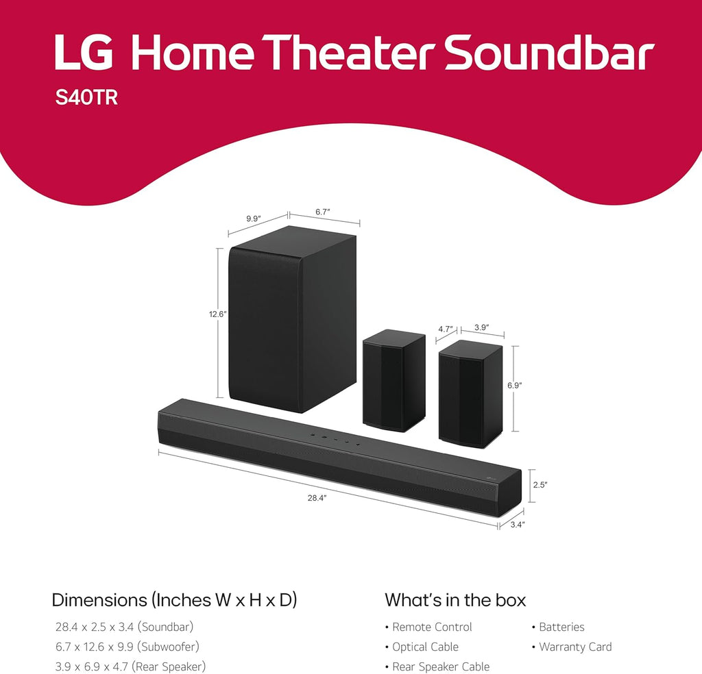 LG S40TR 4.1 ch. Home Theater Soundbar with Rear Surround Speakers and Wireless Subwoofer, Wow Interface, Dolby Audio, AI Sound Pro, Amazon Exclusive