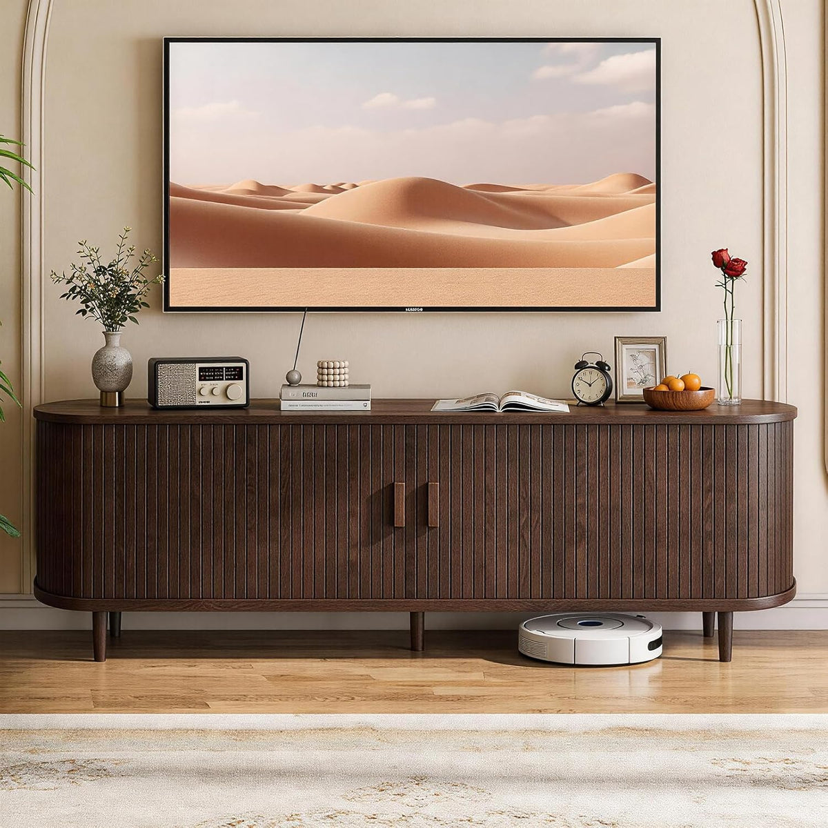65" Mid Century Modern TV Stand with Power Outlet, Fluted Entertainment Center with Storage and Adjustable Shelves, Wood TV Console with Sliding Doors for Living Room, Walnut
