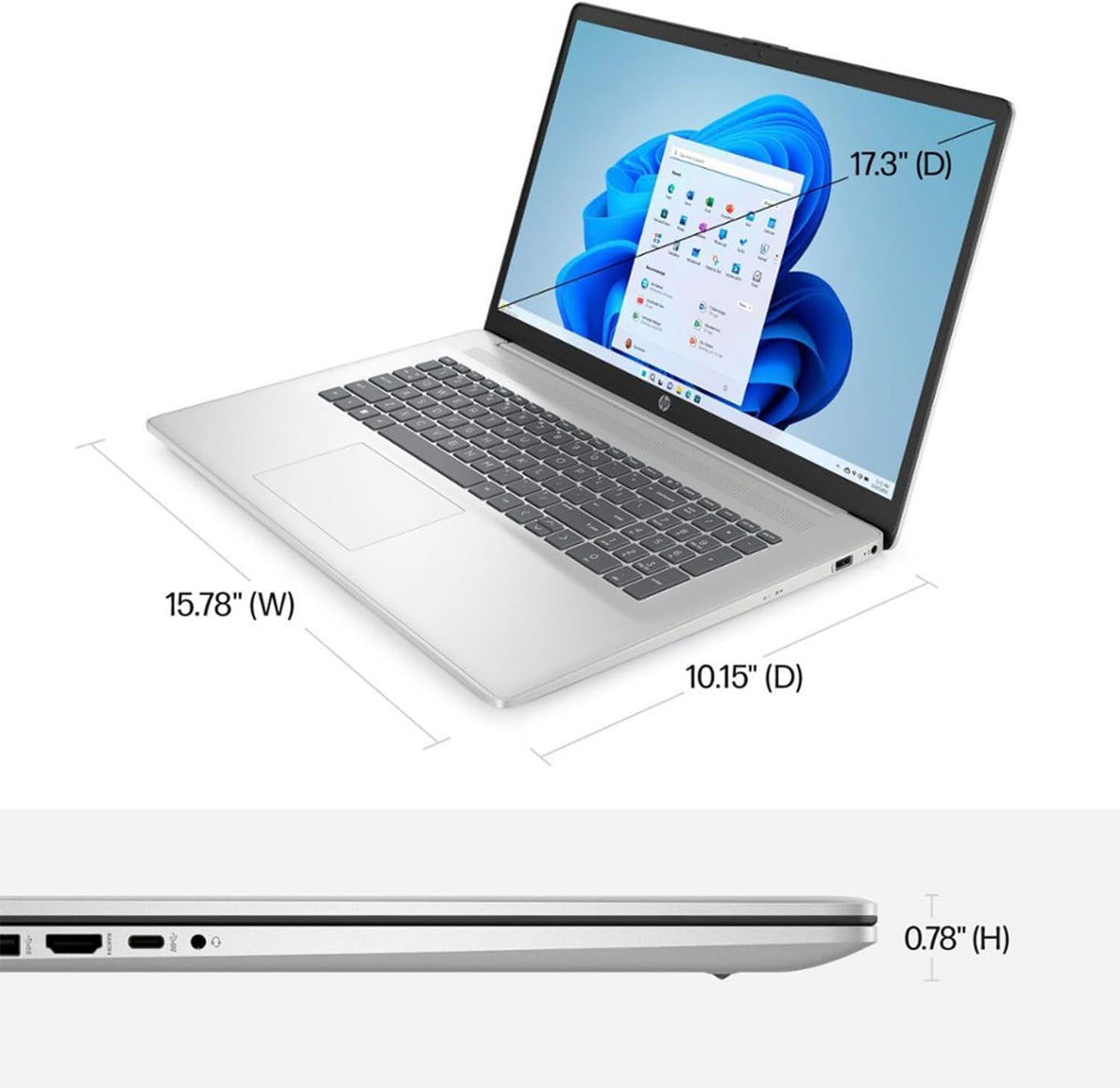 HP Essential Laptop, 17.3” FHD Screen, Intel Core i3-N305, 8GB RAM, 256GB SSD, Webcam, HDMI, Fingerprint Reader, Wi-Fi 6, Bluetooth, Windows 11 Home, Sliver