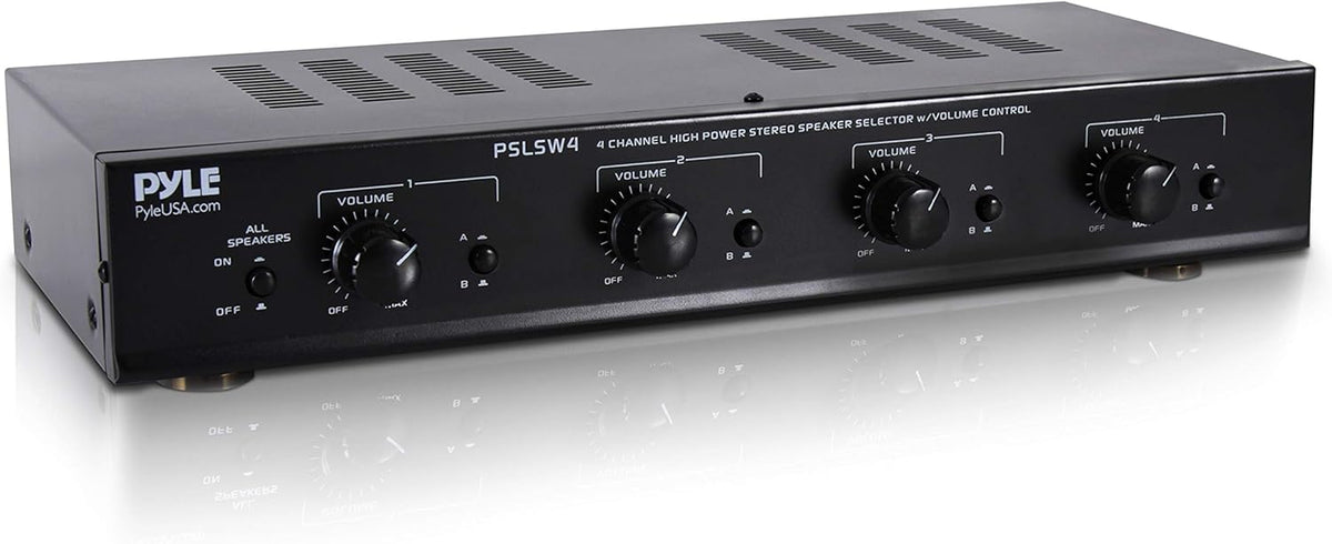 Pyle 4 Channel Speaker Selector Switch - Multi Zone Audio Distributor with Independent Volume Control, Compact Design, Supports Home Theater and Stereo Systems - PSLSW4.5