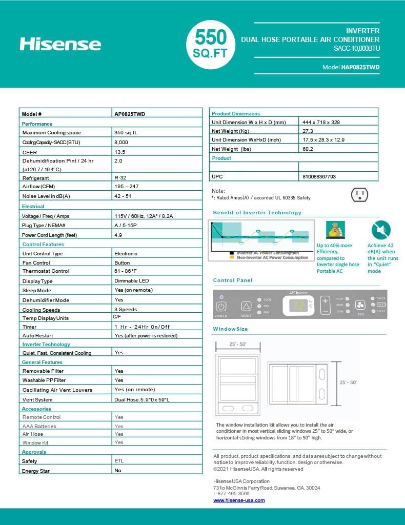 Hisense 8,000 BTU DOE/SACC (10,000 ASHRAE) Portable Air Conditioner Dual Hose & Inverter, 350 Sq Ft, Wi-Fi, ConnectLife App Google & Alexa, 3 operating modes, Noise 42 dB HAP0825TWD (Renewed)