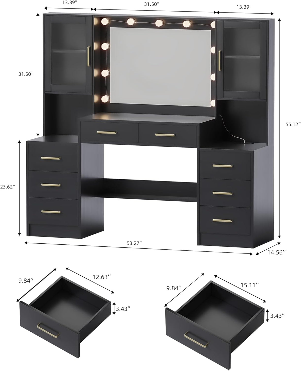 TOKSOM Black Vanity Desk with Mirror, Lights & Charging Station, 58.3" 3 Lighting Modes Makeup Desk with 8 Drawers, 2 Cabinets and Lots Storage, Dressing Table Vanity Set with Lighted Mirror