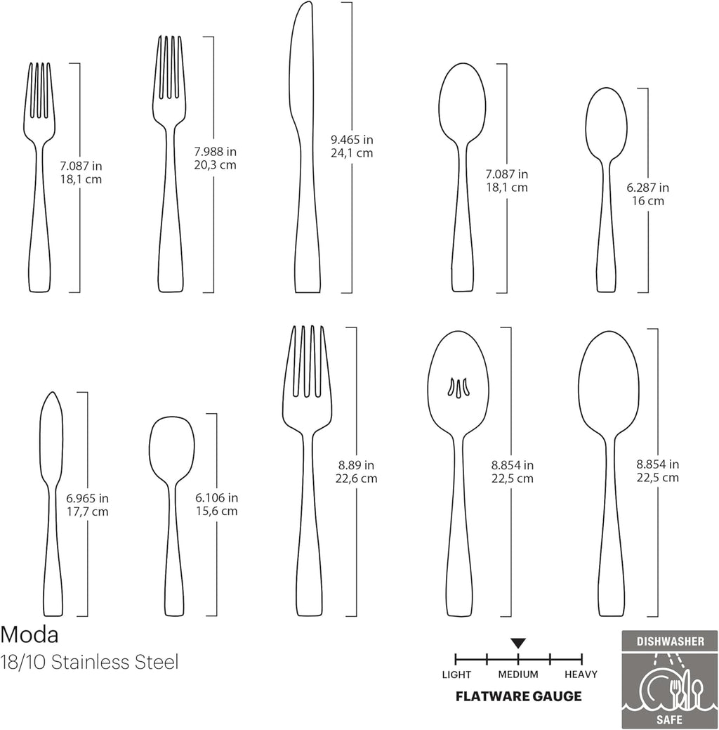 Oneida Silverware Set For 12, Moda 65-Piece Fine Flatware Set with Serving Utensils, Service For 12, 18/10 Stainless Steel, Dishwasher Safe For home, Knives Spoons and Forks Set (Silver, 65 pieces)