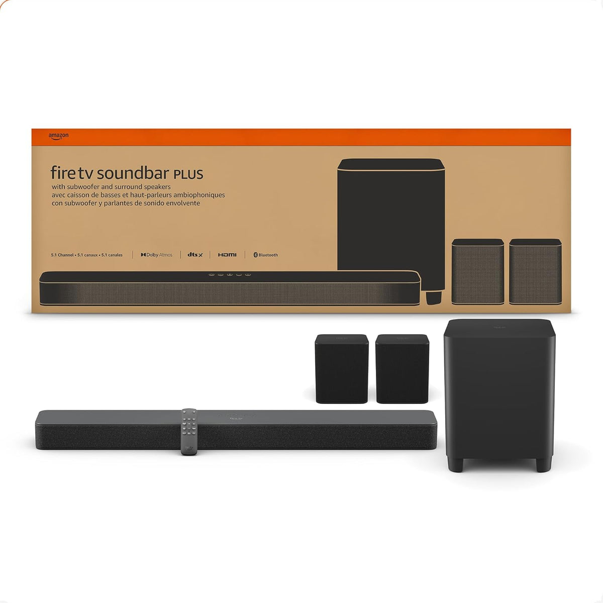 Amazon Fire TV Soundbar Plus with subwoofer and surround sound speakers (newest model), 5.1 channel, Dolby Atmos, clear dialogue