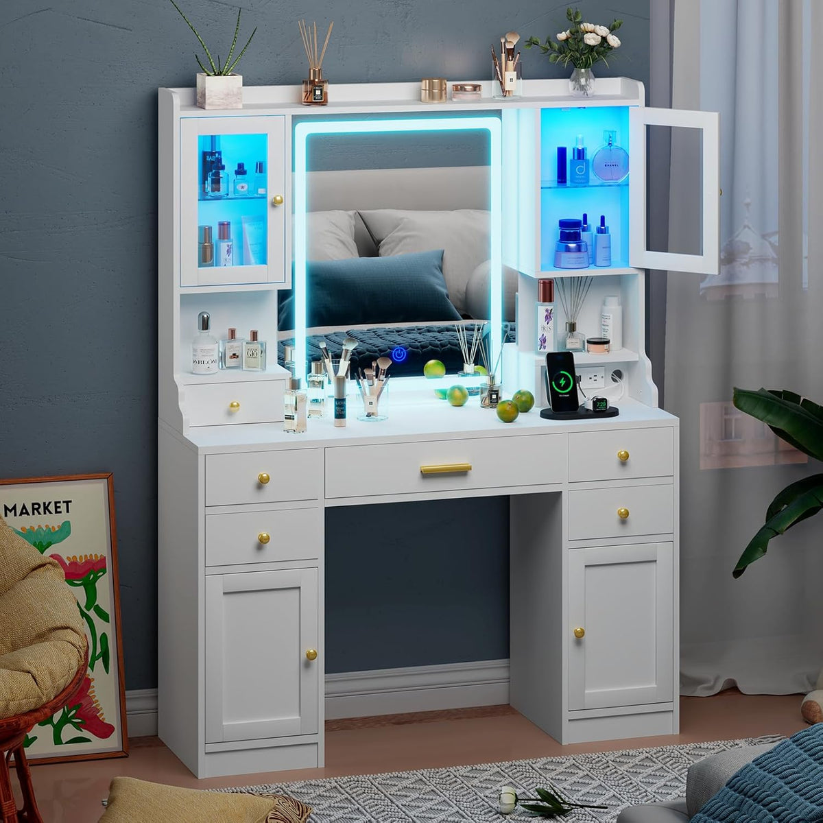 White Makeup Vanity Desk with Mirror and Lights, Large Vanity Table Set with Charging Station, Dressing Table with RGB Cabinets, Makeup Vanity Mirror with Light Desk and Drawers, 3 LED Light Modes