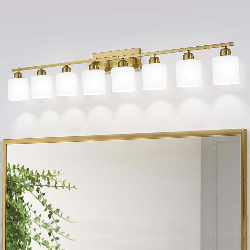 8 Light Bathroom Light Fixtures Gold for Big Mirror, Brushed Gold Vanity Lights for Bathroom with Milky White Frosted Glass Shades, 51 inch Wall Sconce for Mirrors Living Room Bedroom