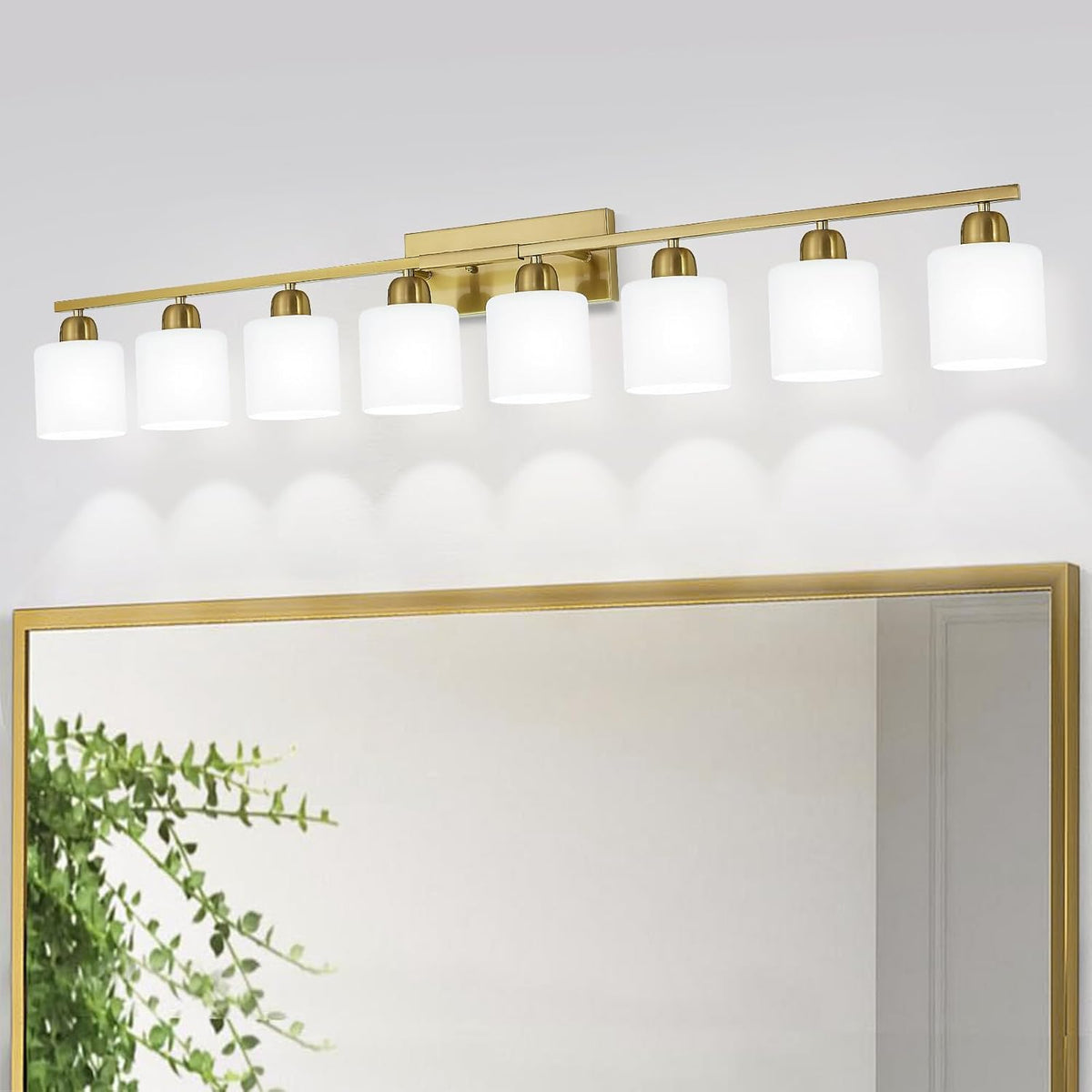 8 Light Bathroom Light Fixtures Gold for Big Mirror, Brushed Gold Vanity Lights for Bathroom with Milky White Frosted Glass Shades, 51 inch Wall Sconce for Mirrors Living Room Bedroom