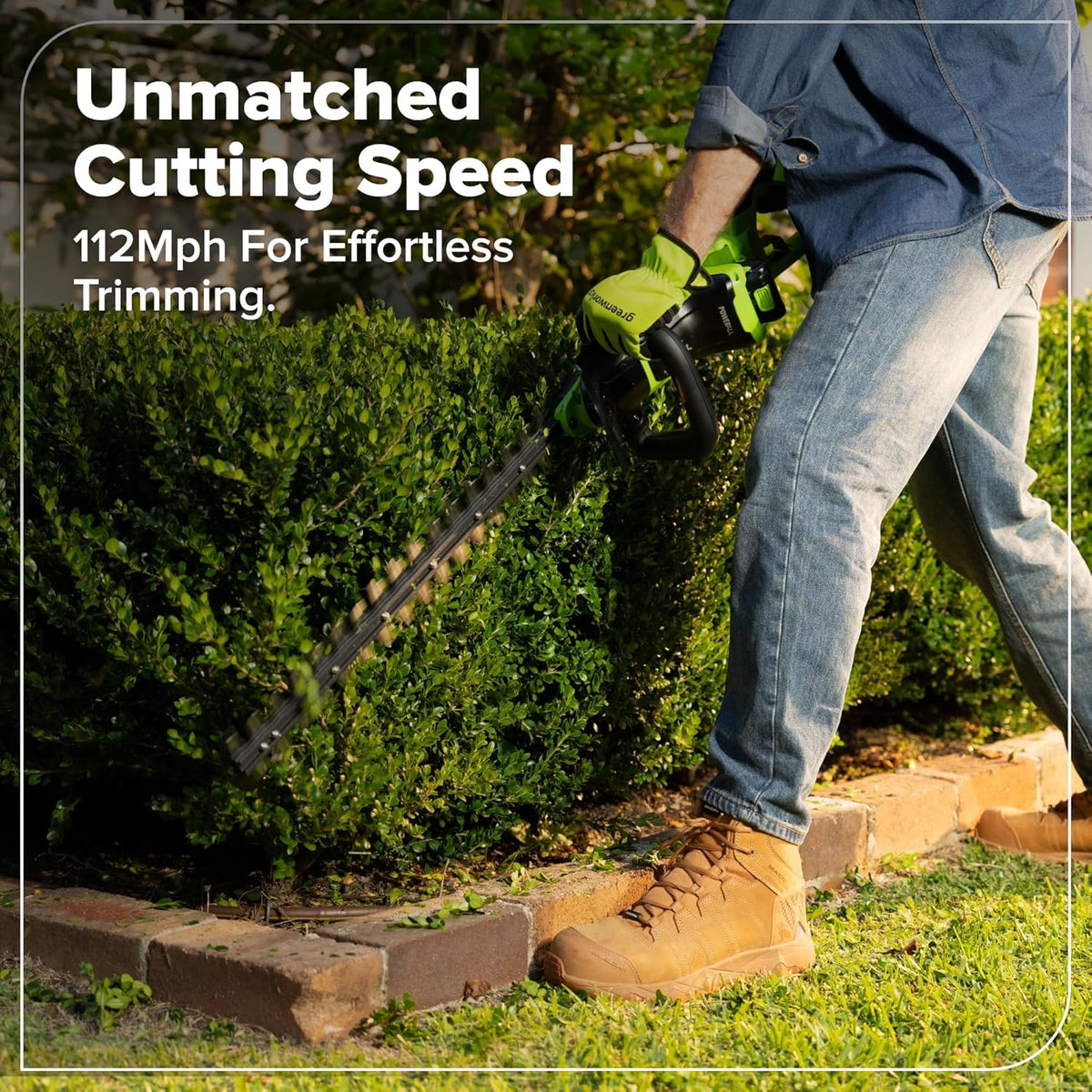Greenworks 24V 24" (1.1" Cutting Capacity/Rotating Handle) Brushless Hedge Trimmer Cordless, 2.0Ah Battery and Charger Included