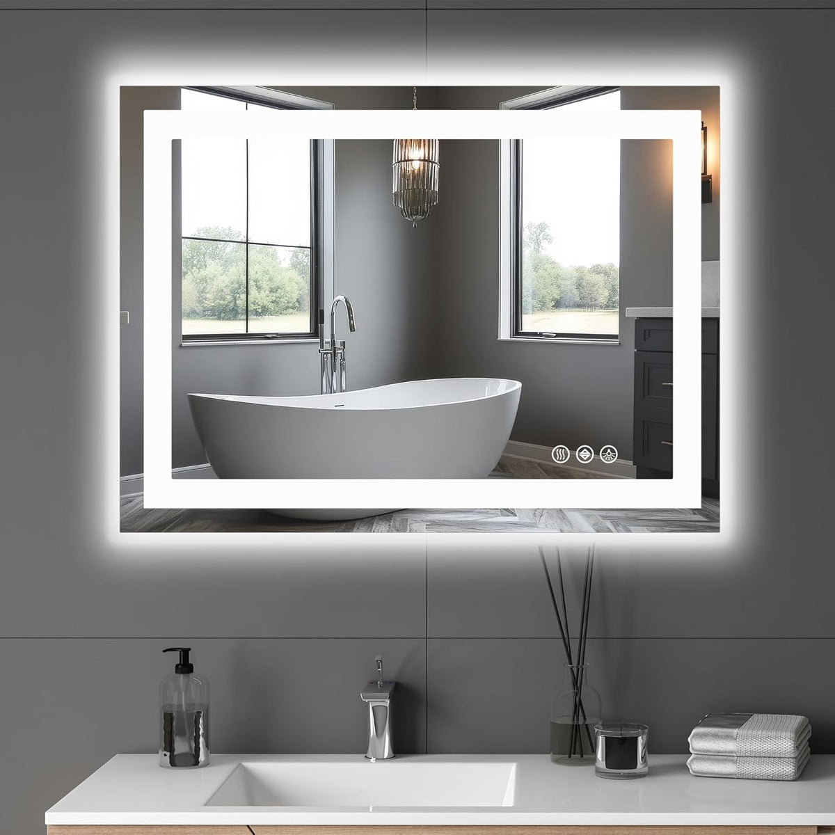 NEWBULIG 36"x36" Smart Anti-Fog LED Bathroom Mirror with Front Light & Backlit, 3 Color Modes, Dimmable, Memory Function, Wall-Mounted Modern Rectangular Vanity Mirror, White
