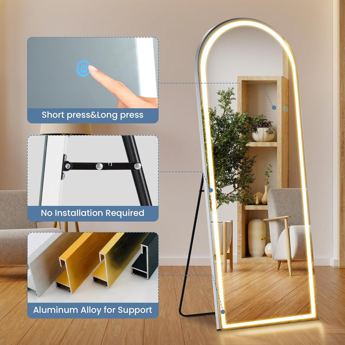 DUMOS Arched Full Length Mirror with Light- 26"×70" LED Floor Standing Mirror with 3 Color Lights & Wall Mounted for Bedroom, Dressing Room, Living Room, Bathroom