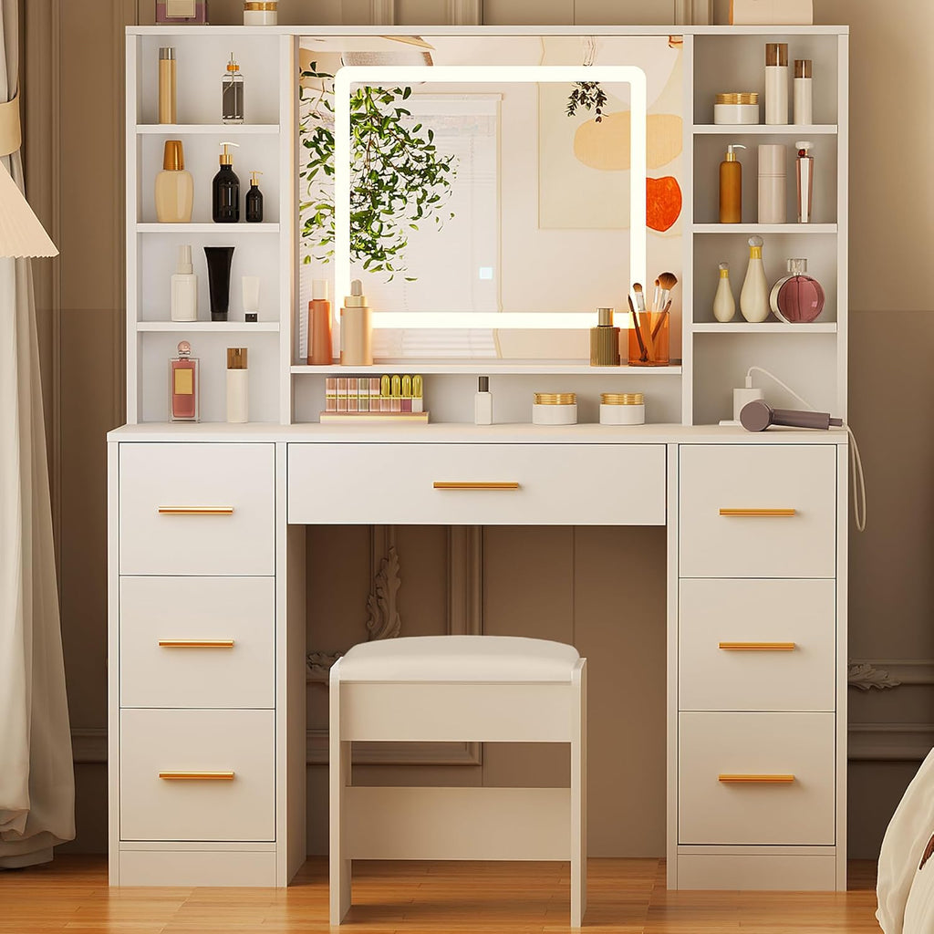 ANWBROAD Vanity Desk Table with Lighted Mirror 39.4“ Girls Makeup Vanity with Power Outlet 3 Colors Lighting Adjustable Brightness Vanity Table for Women Bedroom Dressing Room White UBDT65W
