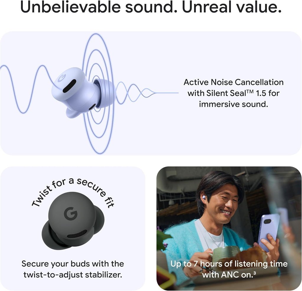 Google Pixel Buds 2a - Wireless Bluetooth Earbuds with Active Noise Cancellation and Transparency Mode - Lightweight, Comfortable Fit - 20-Hour Battery - Water Resistant - Built for Gemini - Hazel